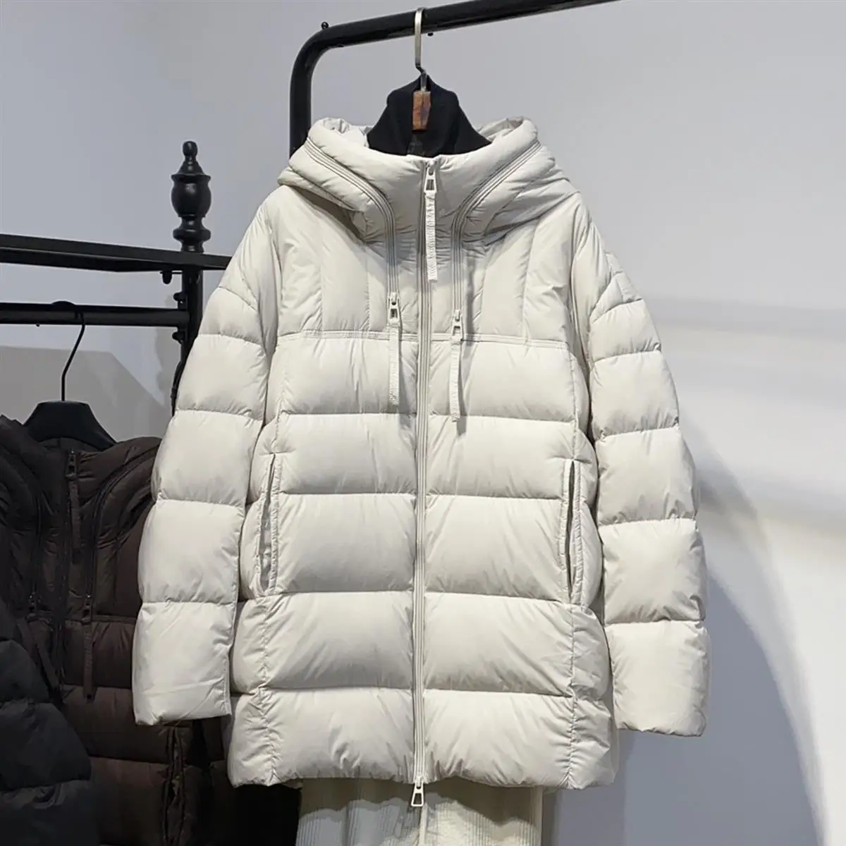 

White Du down Puffer Jaet Women's Mid-Length Thiened Hooded Anti-Wind Zipper Decorated Winter New Design Casual Sle