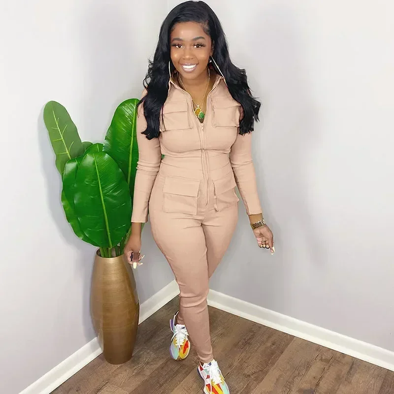 

Streetwear Solid Casual Cargo Jumpsuit Women Overalls Long Sleeve Zipper Turn-down Collar Pockets Sporty Jogger One Piece Romper