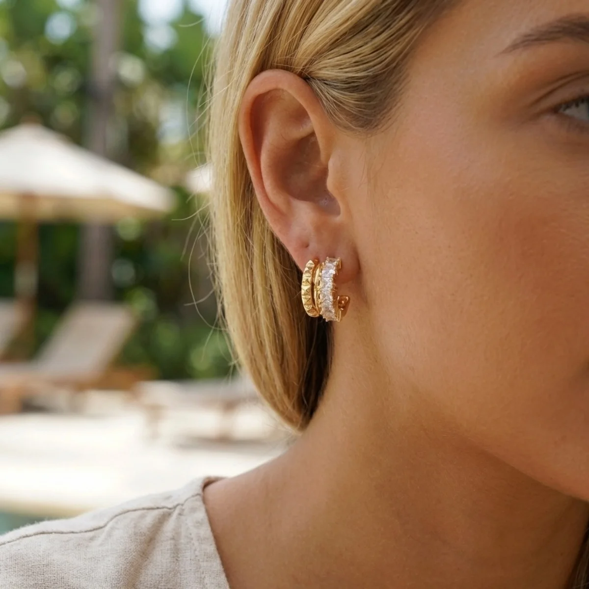 Glänzende mehrschichtige C-förmige Ohrstecker mit eingelegtem CZ-Zirkon für Damen und Herren, minimalistische, exquisite geometrische Ohrringe, vielseitiger Schmuck – Detail 8