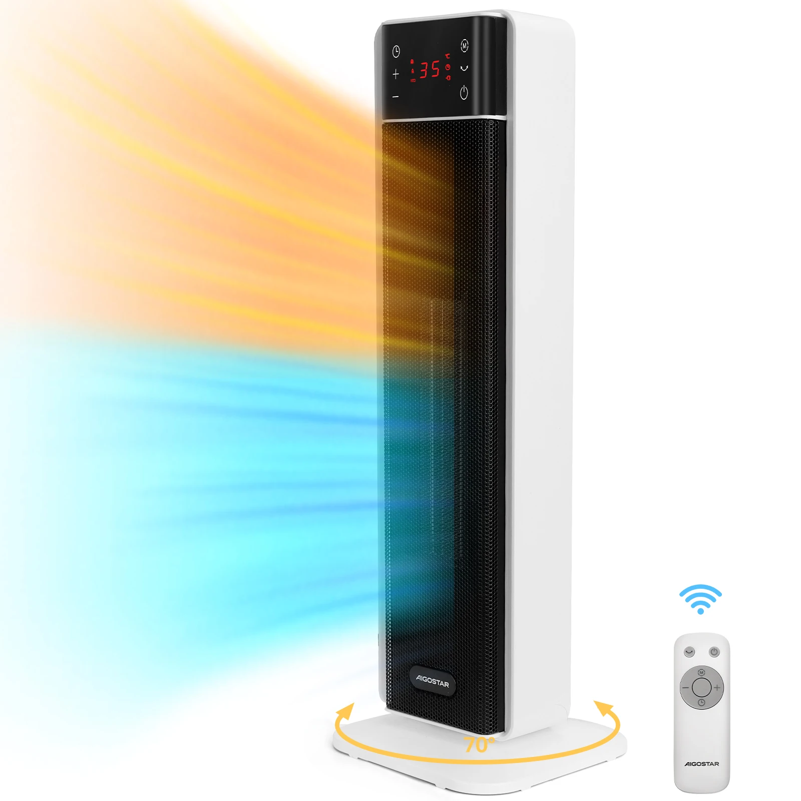 Aigostar Chauffage soufflant à économie d'énergie avec thermostat, radiateur soufflant en céramique PTC 2000 W avec télécommande, 70 °   Oscillation, 4 modes