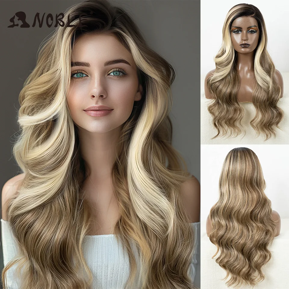 

Noble Synthetic Lace Front Wig Ombre Blonde Lace Front Wig Long Wavy 26 Inch C Part Wig for Women Cosplay Stylish Hair Lace Wig