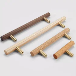 Nordic Walnut Wooden Handles Long Wardrobe Wood Furniture Pulls Drawer Cabinet Door Knob T Bar Decoration Furniture Hardware