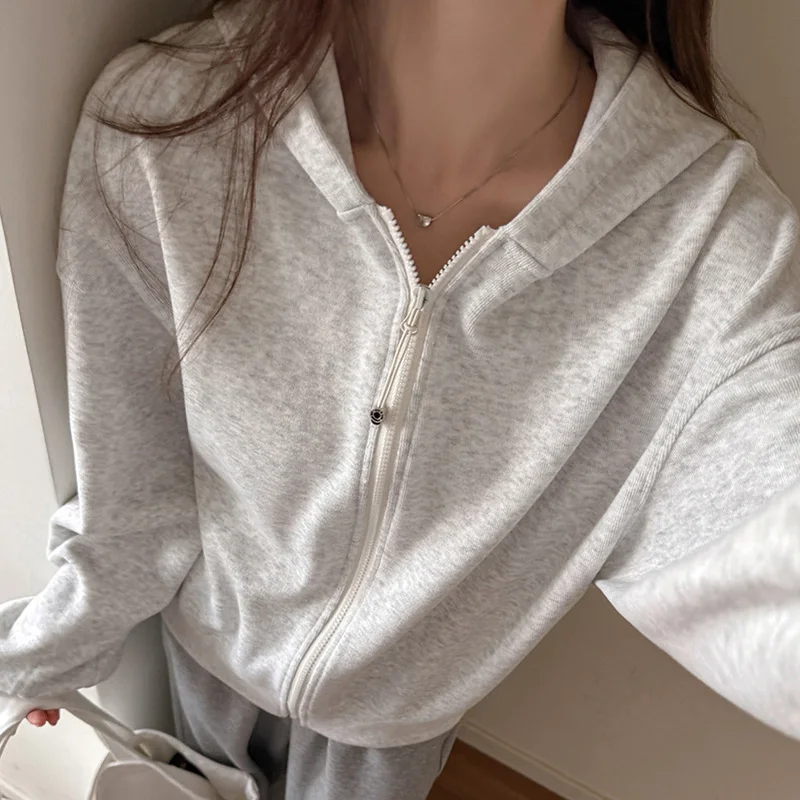 Casual Zipper Up Hooded Sweatshirt Women Solid Color Loose Long Sleeve Hoodies Coats for Woman Spring Autumn Wild Sport Jackets