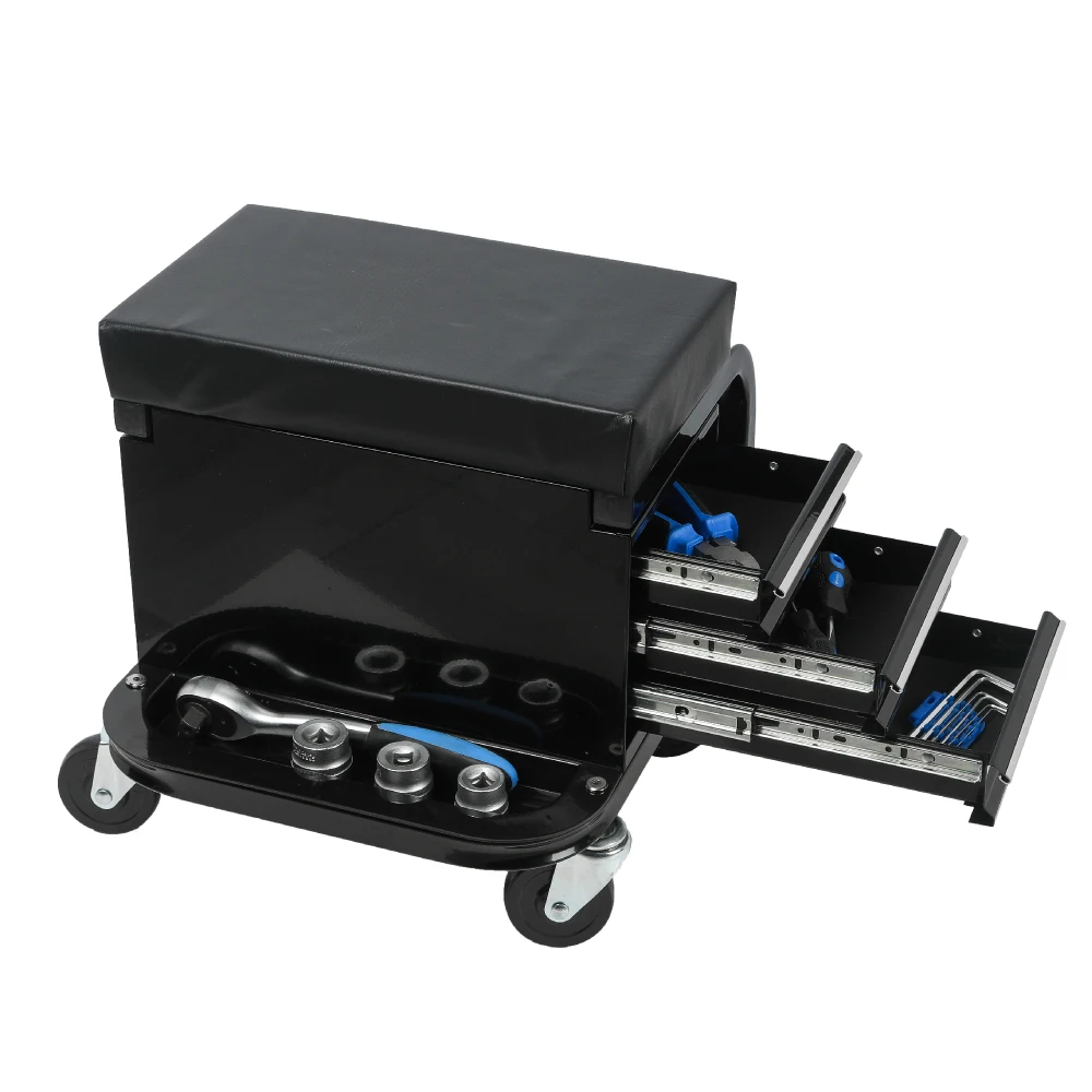 

Rolling Mechanic Creeper Seat with 3 Drawer Tool Storage Garage Shop Stool Padded Vinyl Seat 350 Lbs Capacity Black
