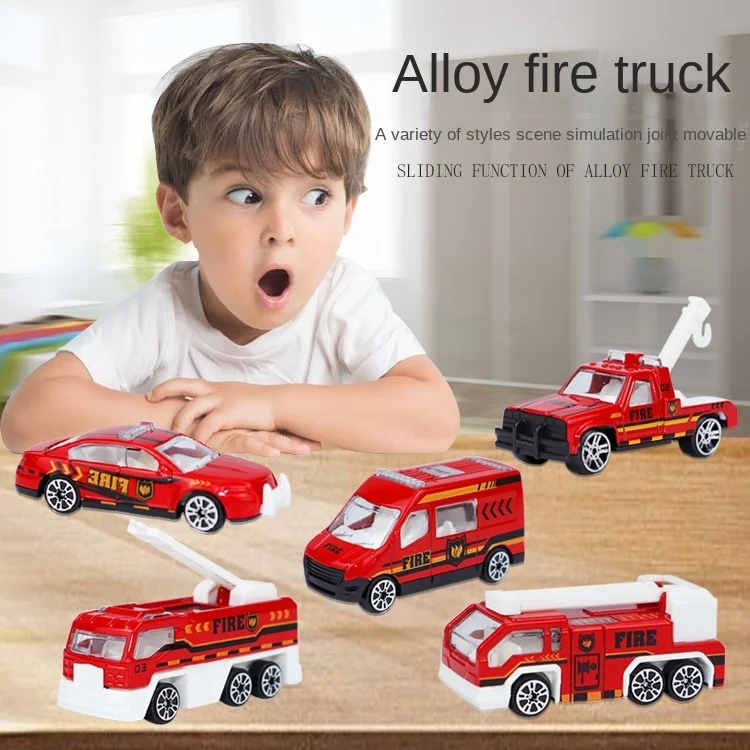 5PCS Alloy Aircraft Engineering Vehicle Sports Car Model Simulation Mini Sliding Fire Police Model Children Toy Car Package