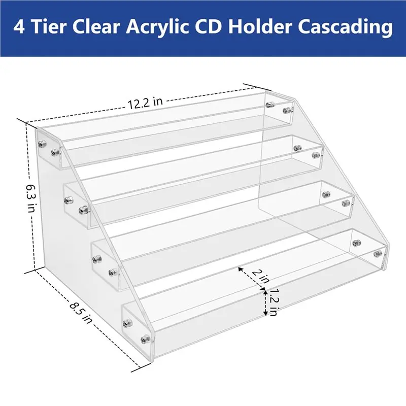 【특가】4단 투명 아크릴 CD 홀더 계단식 CD 보관 랙, DVD/CD 디스플레이 랙 및 비닐 레코드 보관 스탠드