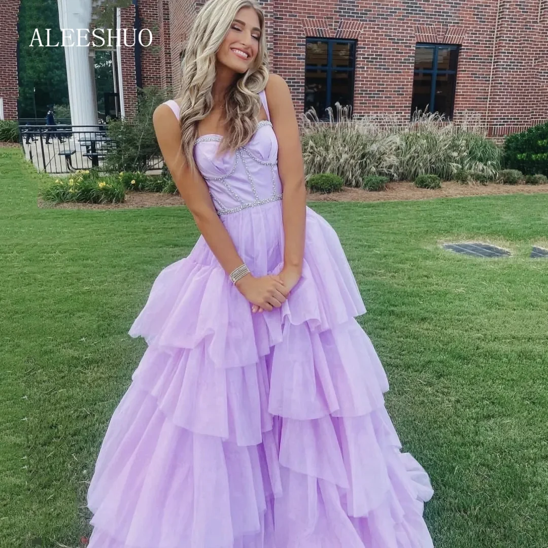 Aleeshuo vestido de fiesta plisado escalonado de tul púrpura claro para ocasiones formales, vestido de graduación de princesa con tirantes finos, vestido de noche brillante