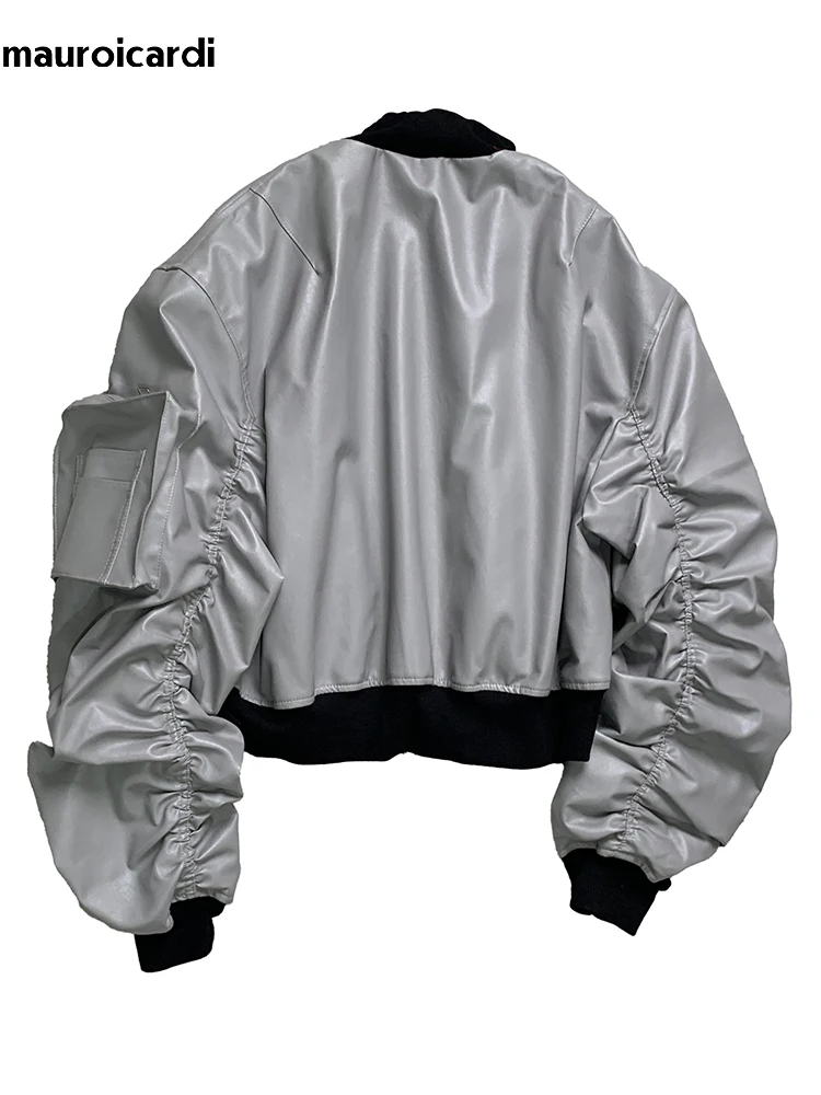 

Mauroicardi Spring Autumn Cool Short Grey Pu Leather Bomber Jacket Men with Long Sleeve Zip Up Luxury Designer Emo Clothes 2025
