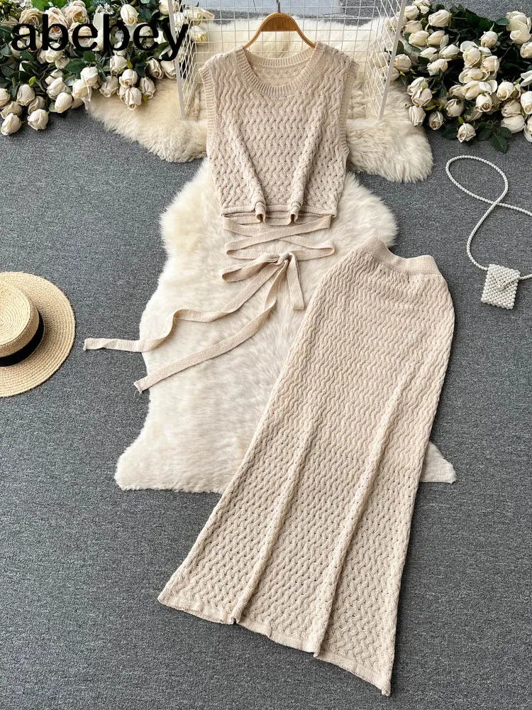 Estate lavorata a maglia vacanza due pezzi abiti da donna senza maniche canottiere + elastico sottile midi gonne lunghe set da spiaggia femminili