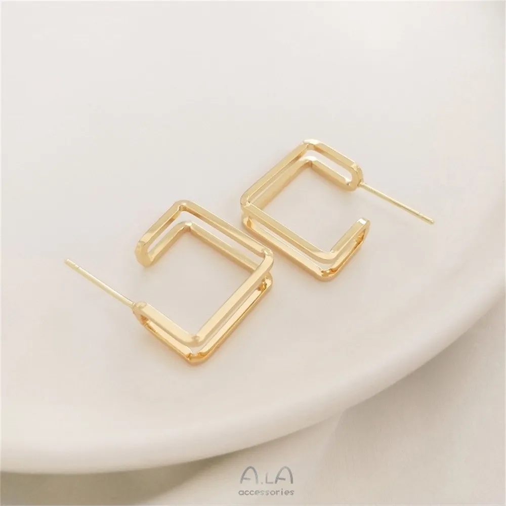 Geometric Square Double Layer Stud Earrings 925 Silver Pin Earrings Simple Trendy Korean Earrings 14K Gold Color E075