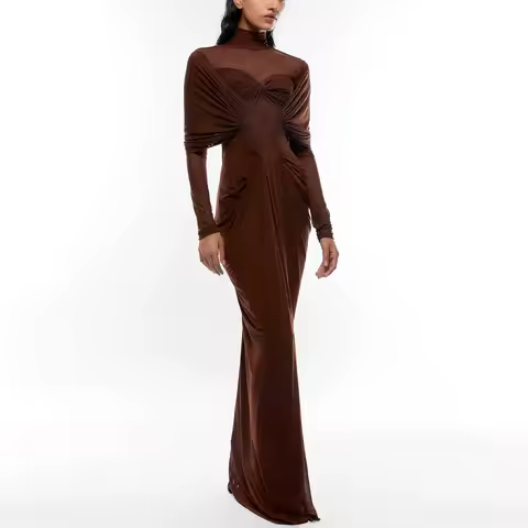 Customized Brown High Collar Mermaid Long Sleeves Evening Dresses Classic Elegant Off The Shoulder Evening Dress Party Gowns