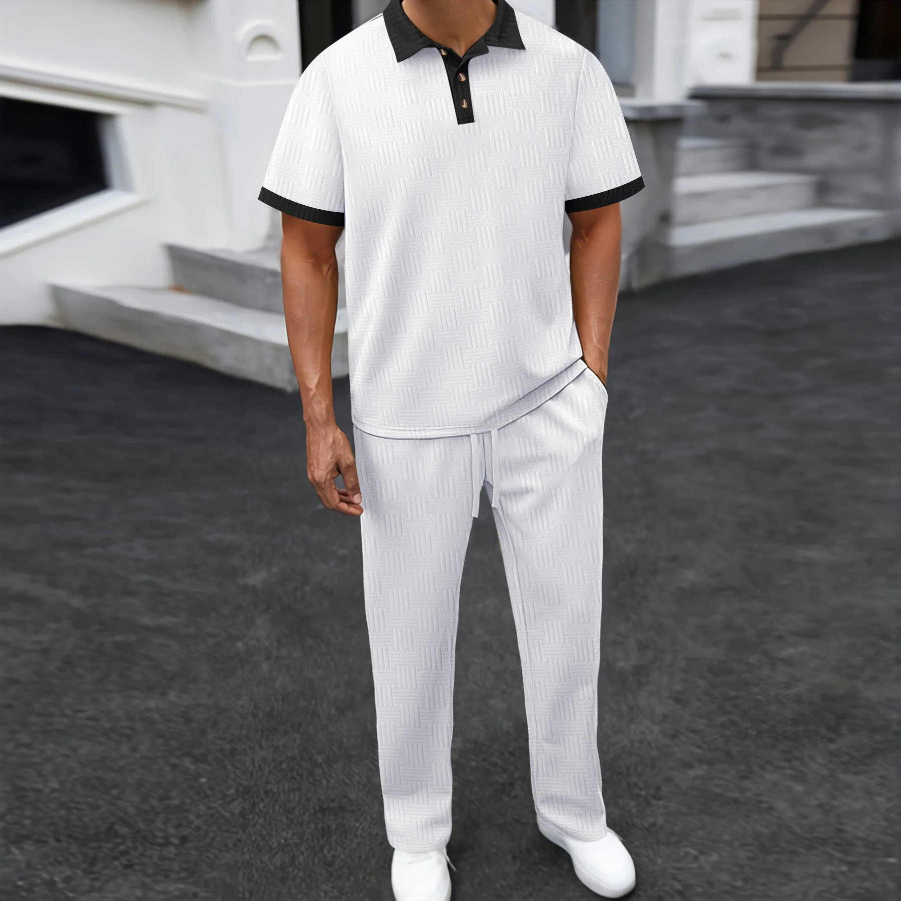 

Men's Summer Jacquard Polo 2Pcs Tracksuit Contrast Collar Short Sleeve Shirt & Drawstring Long Pants Casual Sportswear Outfit