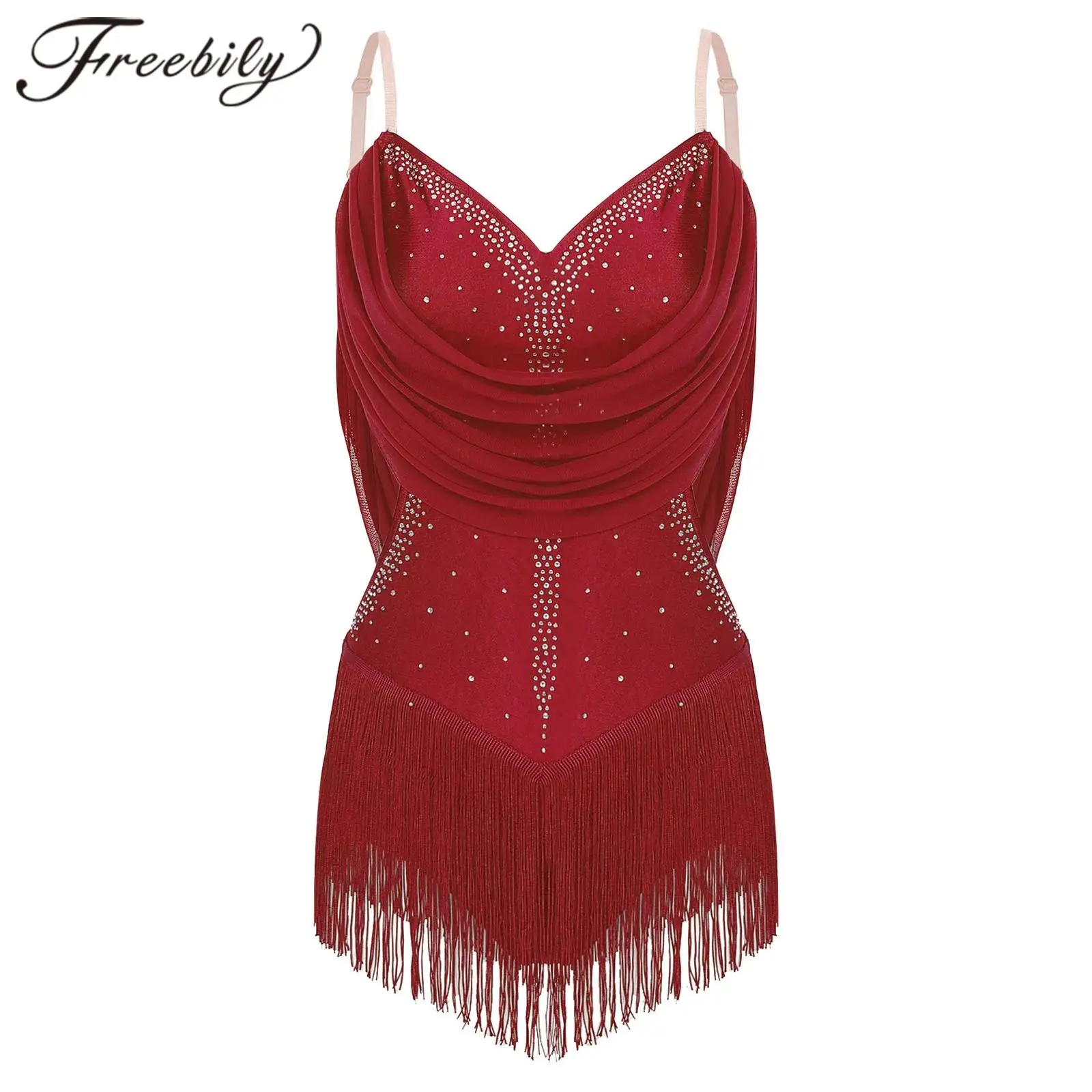 

Latin Dance Leotard Womens Rumba Chacha Fringed Bodysuit Ruched Drapes Tassel Leotard Tassel Cocktail Party Dress Dancewear