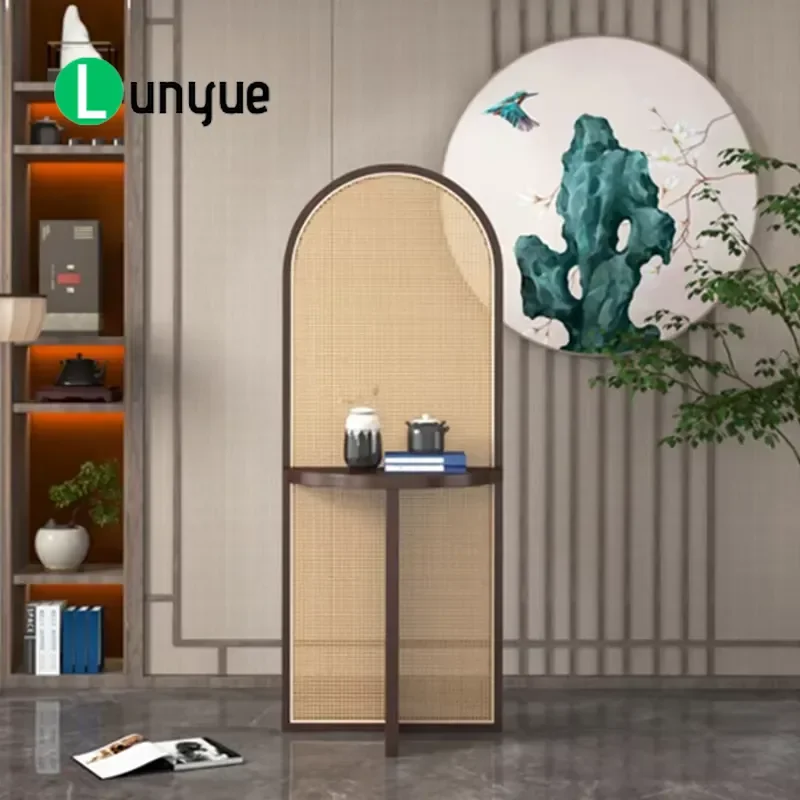 Rattan Screen Partition Removable Room Divider Retro Flower Stand Black Folding Rack for Living Room Home Porch Decor