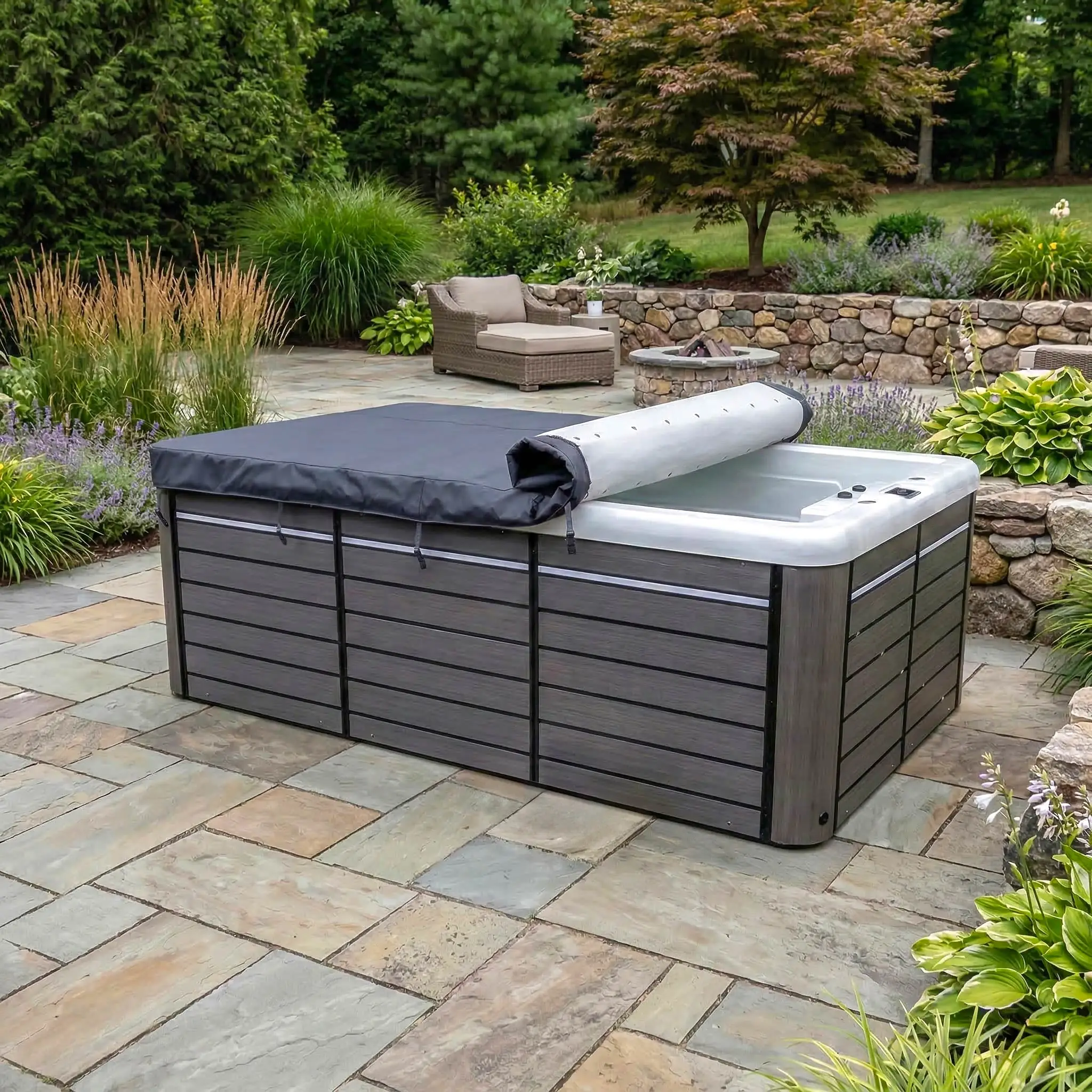 Professionelle moderne Outdoor-Whirlpool- & Swim-Spa-Roll-Up-Abdeckung aus wasserdichtem Oxford-Gewebe mit individueller Größe für Pool- & Spa-Rollen