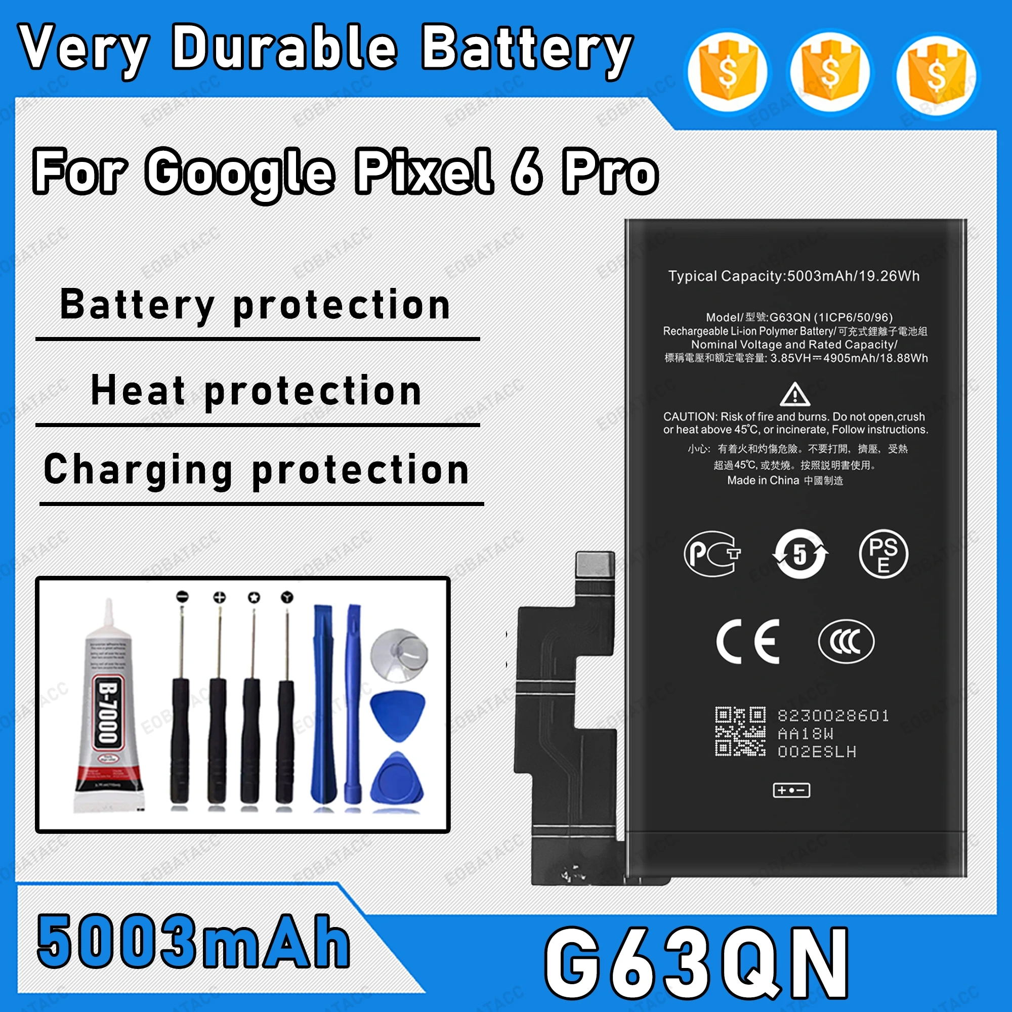 

5003mAh 100% New G63QN Battery For Google Pixel 6 Pro Replacement Bateria+Free Tools