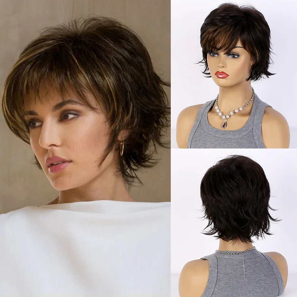 

Short Natural Wigs with Bangs Soft Mommy Hair Daily Use Short Brown Ombre Curly Synthetic Hair Costume Party Wig for Women