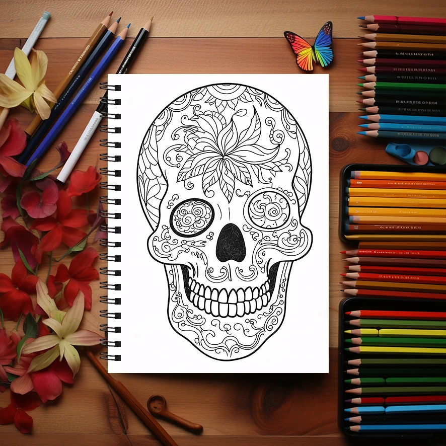 大人の頭蓋骨の塗り絵、ストレス解消クリエイティブアート、8.3x11.2インチ、22ページ