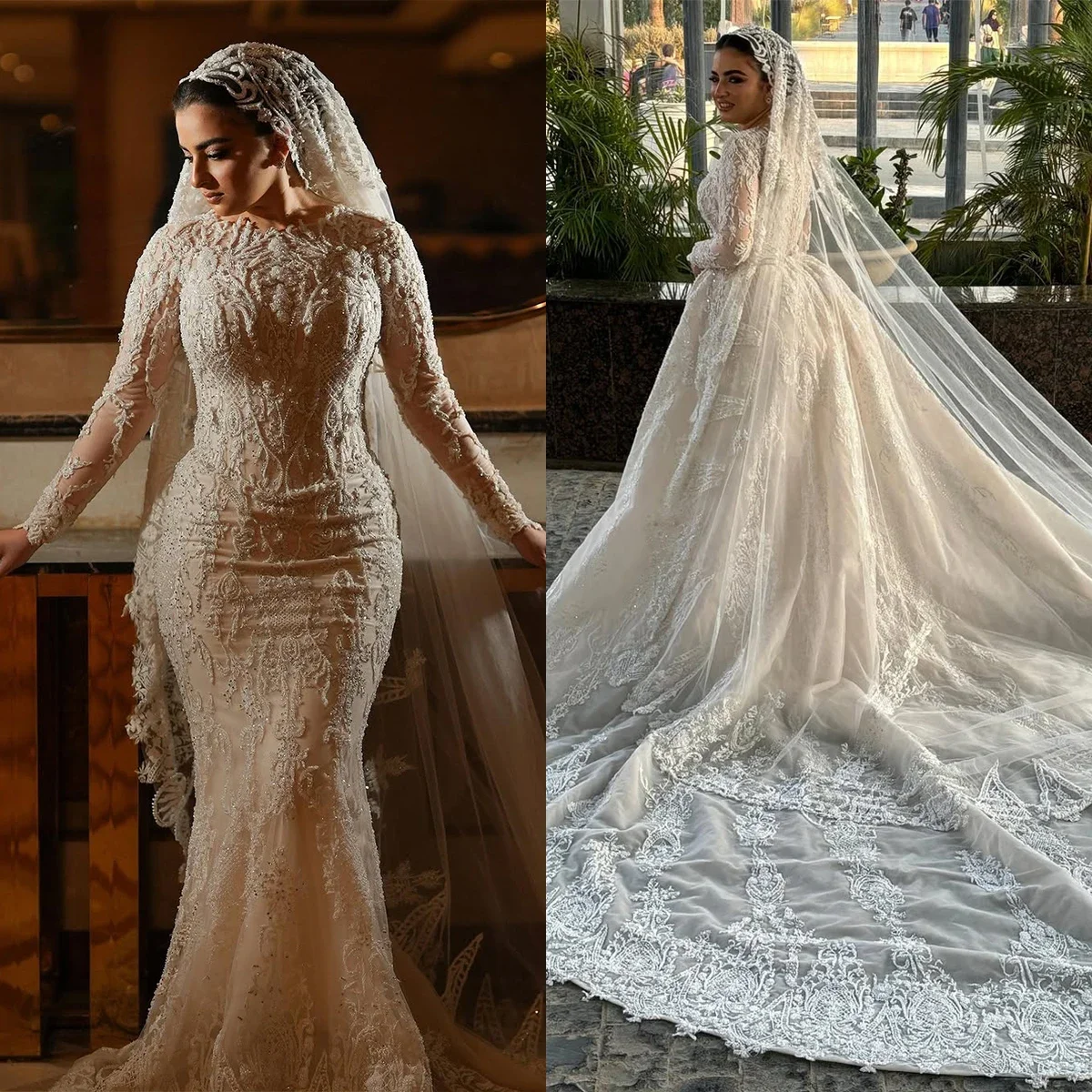 

Элегантные свадебные платья русалки со съемным шлейфом и бусинами, аппликации, кружевные свадебные платья по индивидуальному заказу с длинными рукавами, Vestidos De Fiesta