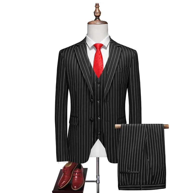 

(Куртка + брюки + жилет) Новый мужской деловой полосатый костюм черный/белый/красный/синий модный мужской комплект свадебного банкетного платья