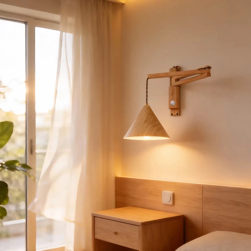 Japanese Foldable Wall Lamps Solid Wood Rocker Arm Telescopic Vintage Wall Light Living Room Bedside Study Reading LED Sconces