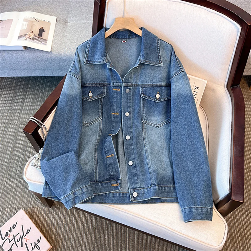 

Spring Autumn Casual Vintage Washed Blue Denim Jacket Women Cowboy Outerwear Loose Lapel Long Sleeve Jeans Jacket Chaqueta Mujer