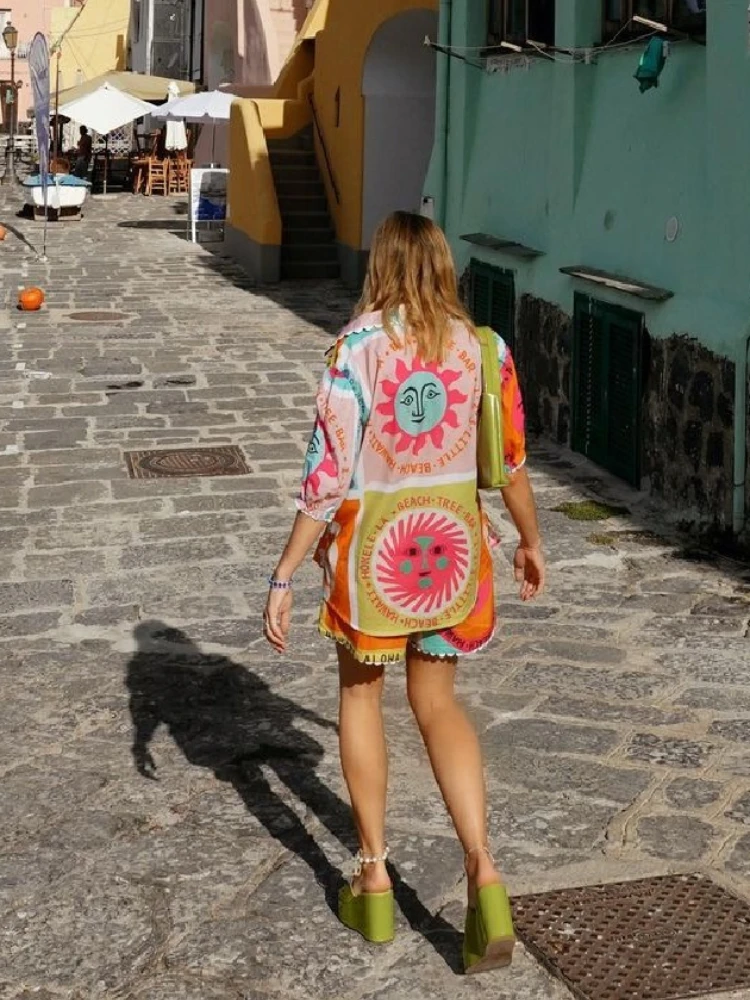 Set da due pezzi stampato hawaiano da donna, camicia a maniche corte, camicia, Top, pantaloncini larghi, abbigliamento da spiaggia, abbigliamento