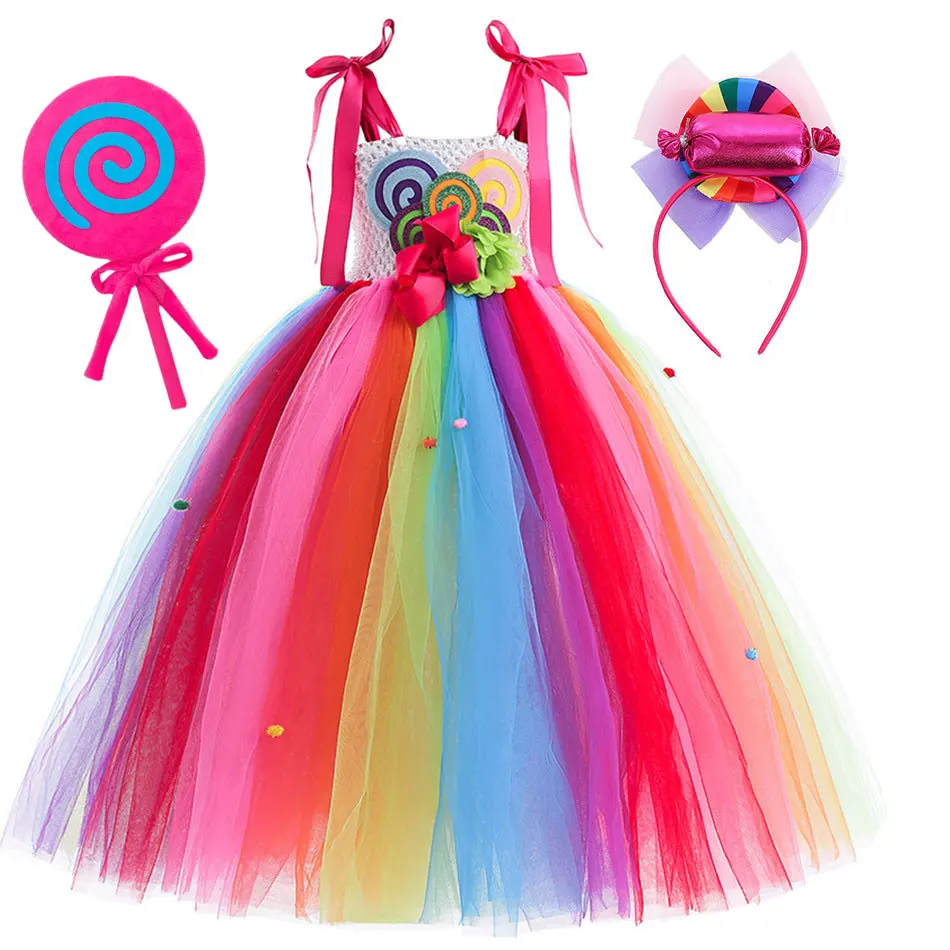 

2024 Purim Girls Lollipop Costume Carnival Apparel Candy Cane Frock Rainbow Tutu Dress Toddler Festival Party Robe Pageant Gown