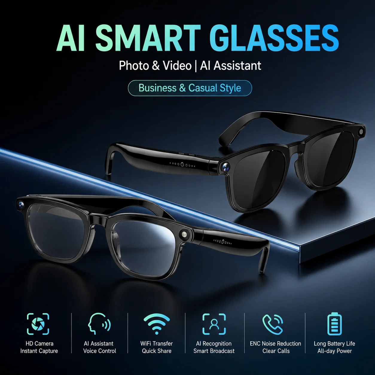 AI Smart Glasses 800W HD Camera Anti-shake Black Technology Image Translation Call Photo AI Assistant For Men Women