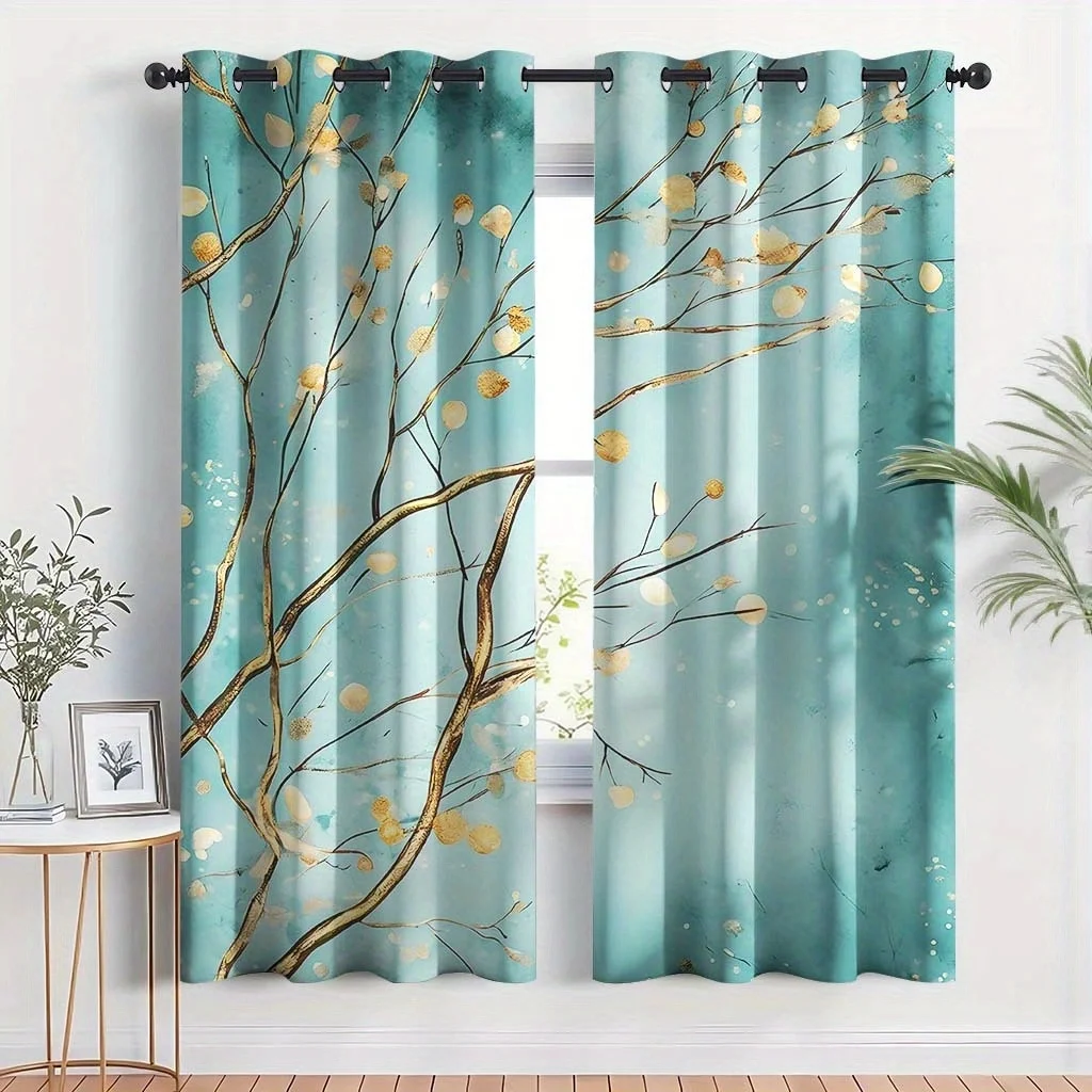 2pcs blue gold tree branch curtain for living room bedroom privacy and decor modern style polyester fabric Elevate Your Space