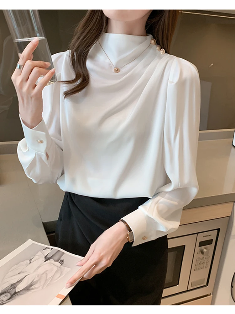 Women Shirt Long Puff Sleeve Satin 2024 Chiffon Tops Elegant High Collar Blouses Red White Blue Ladies Tops Blusas Femininas