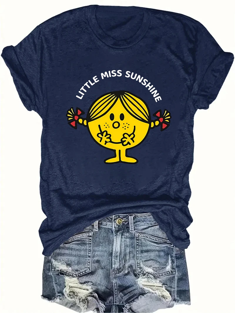 ليتل ميس أشعة الشمس المرأة طباعة الرسم تي شيرت ، قصيرة الأكمام ، جولة الرقبة ، قمم الصيف عارضة للنساء ، ملابس فتاة الكرتون