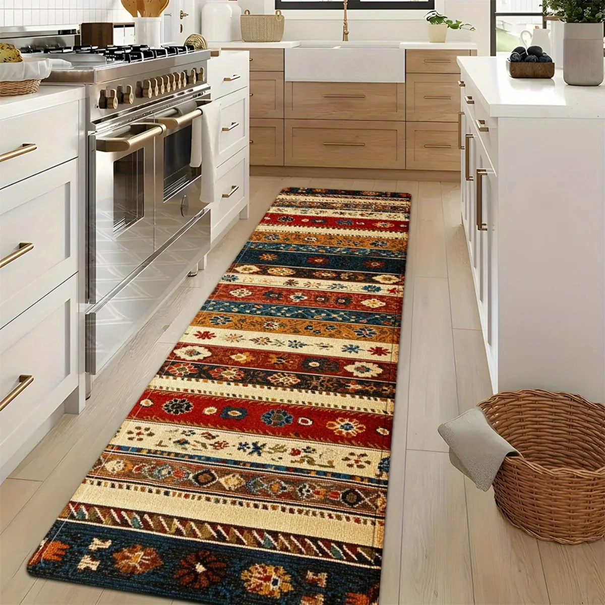 Bohemian Vintage Tribal Print Long Runner Rug, Colorful Floral Striped Pattern Non-Slip Washable Floor Mat for Living Room