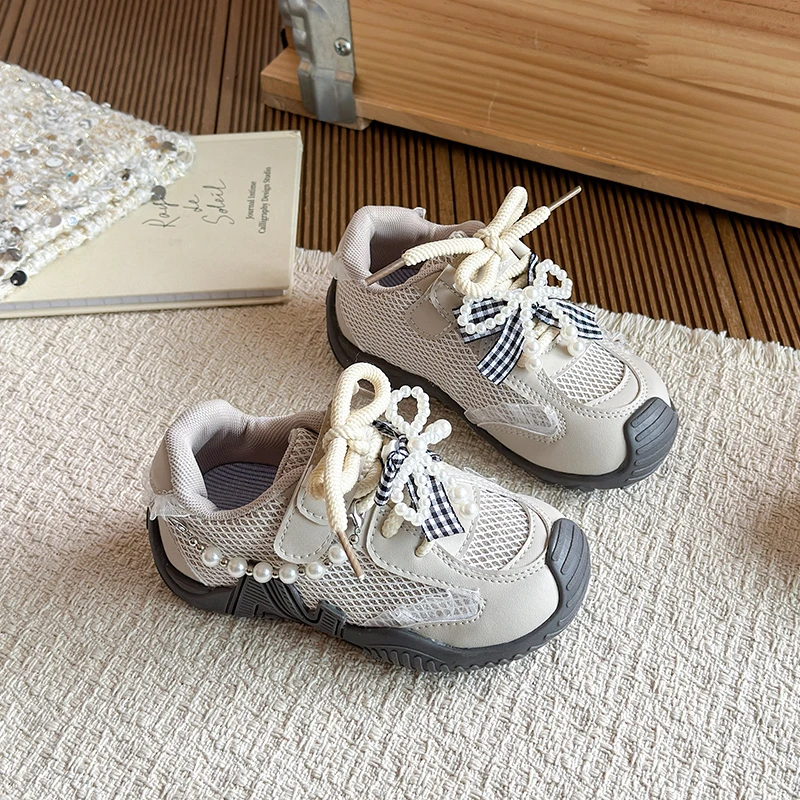 Girls Tennis Shoes Sweet Beading Bows Kids Princess Casual Shoes Mesh Breathable 2026 Brand New Children Sports Shoes Non-slip