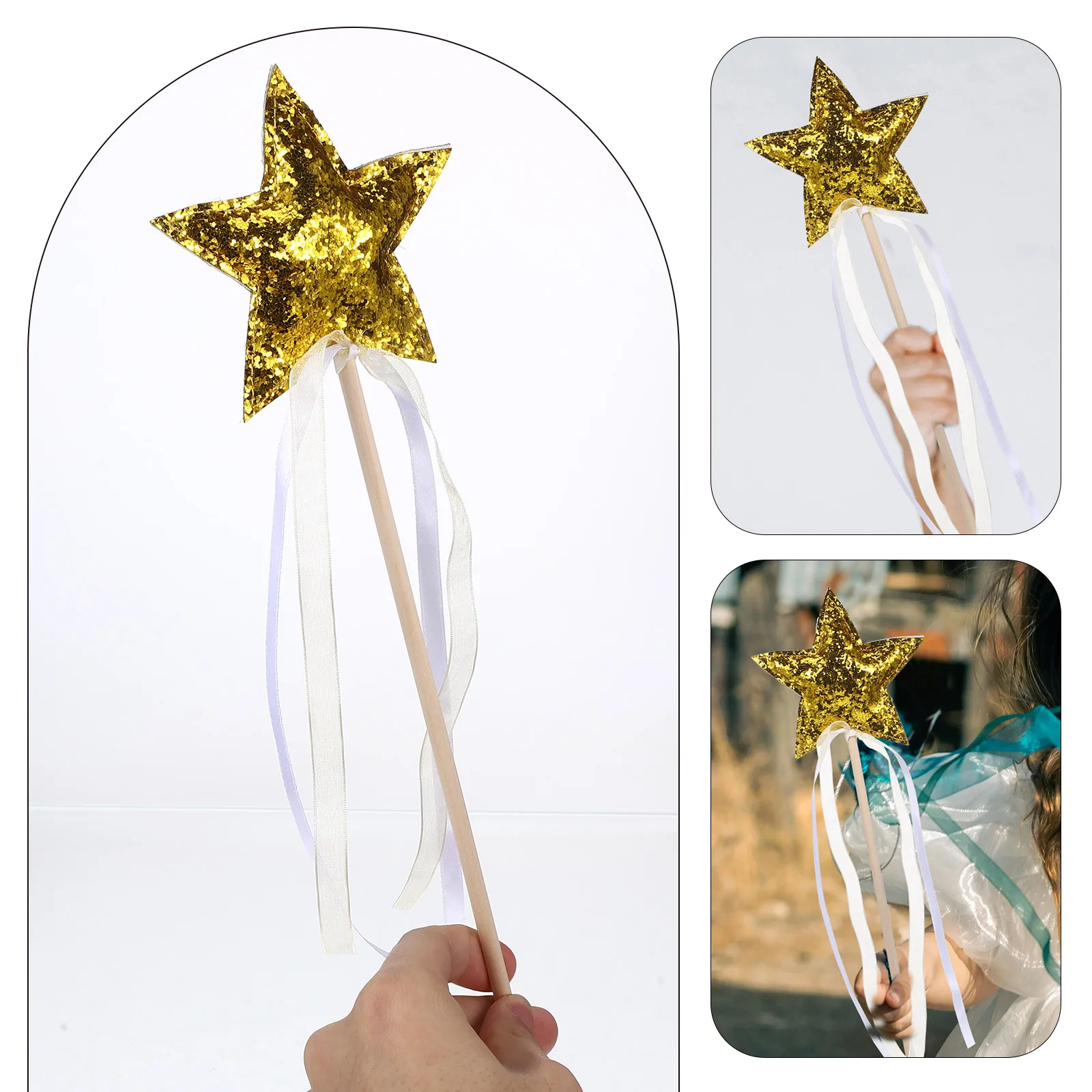 

Star Fairy Wooden Stick With Ribbon Cosplay Party Prop Decorative Lightweight Smooth Easy Grip Stage Performance Gift