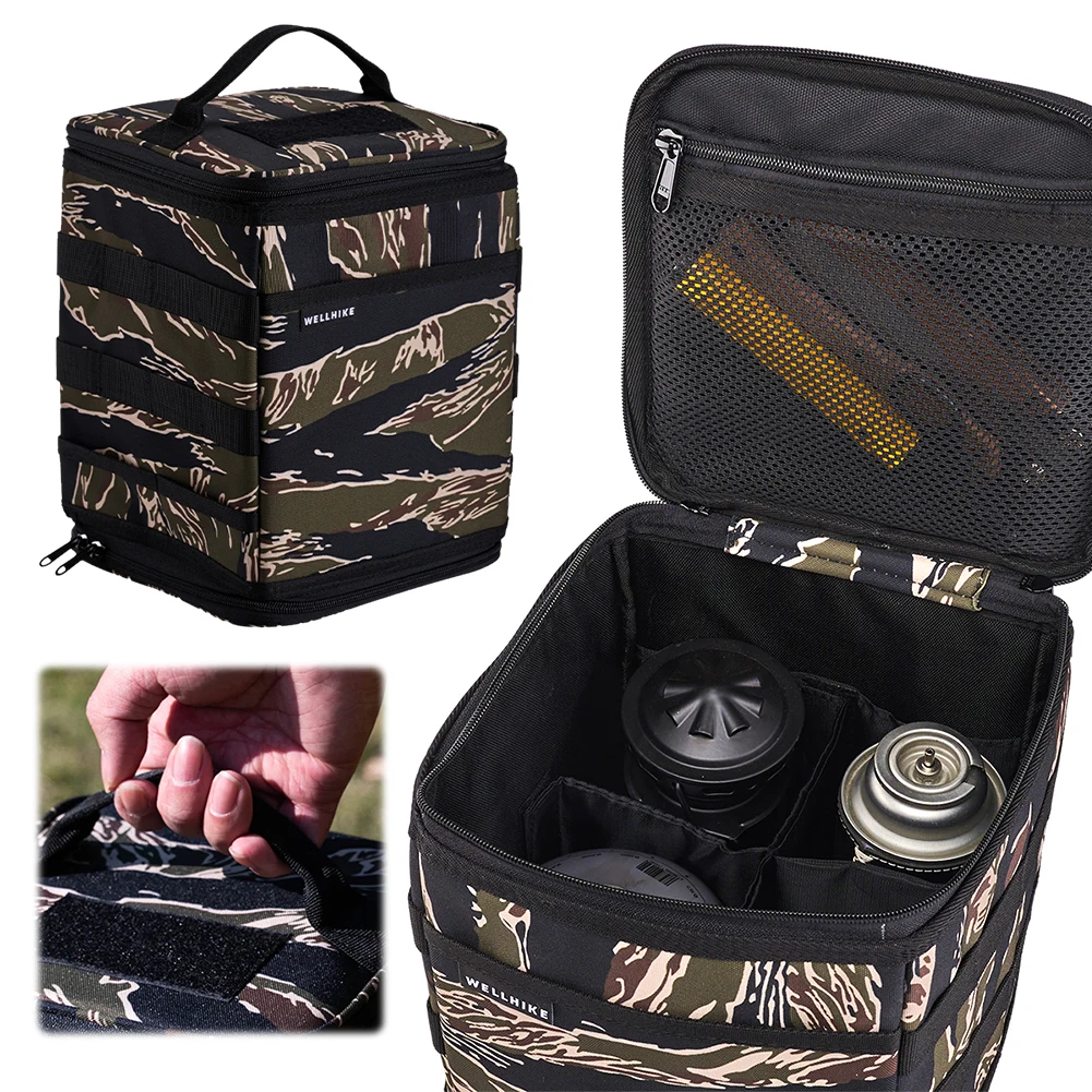 

9.8L Camping Storage Bag Tiger Stripes Gas Tank Storage Bag Multifunctional Travel Tableware Handbag for Outdoor Hiking Picnic