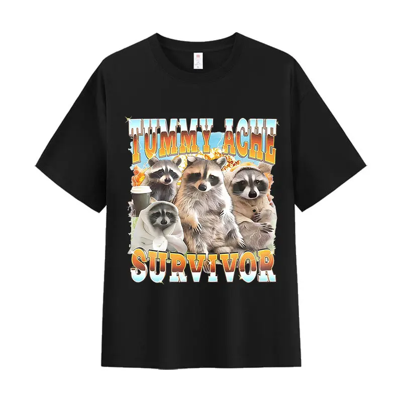 

Футболка с забавным принтом енота-мема «Tummy Ache Survivor» для мужчин и женщин, повседневная футболка с круглым вырезом, модная футболка оверсайз с короткими рукавами