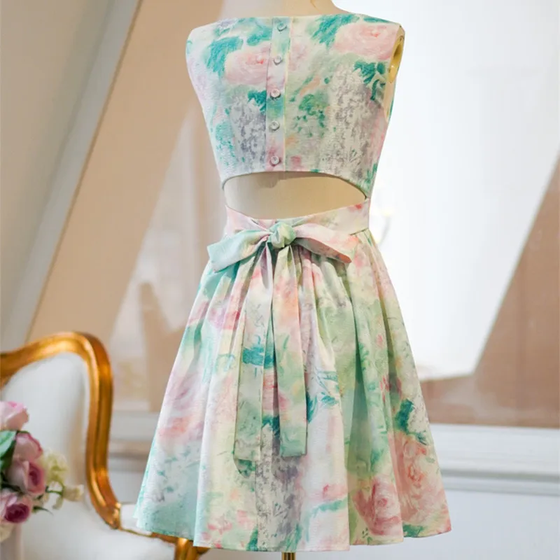 Summer Floral Sleeveless Hollow Out Dress Backless Bow Knot Short Dress Prom Party Gown Formal Green Sweet