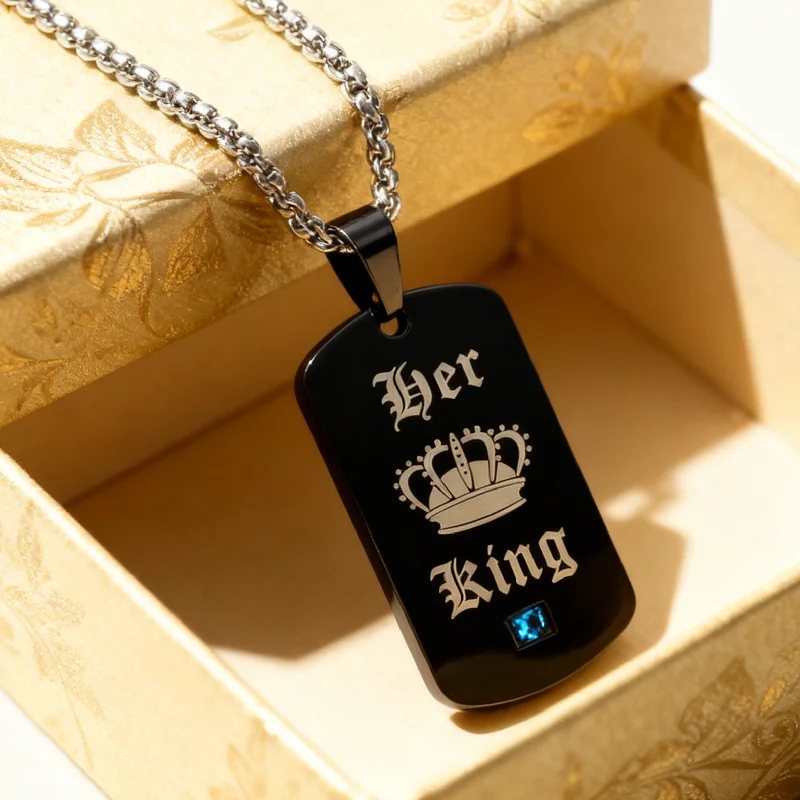 Her King Dog Tag Pendant Necklace for Couple Stainless Steel Black Crown Charm Jewelry Valentine's Day Gift
