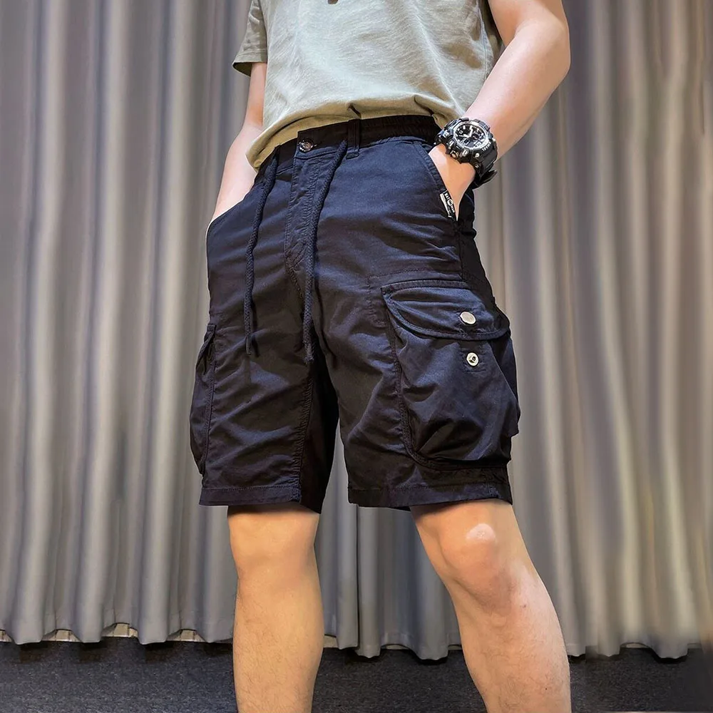 Mens Casual Multi-Pocket Cargo Shorts 2024 Summer New American Fashion Streetwear Versatile Solid Color Five-Quarter Pants