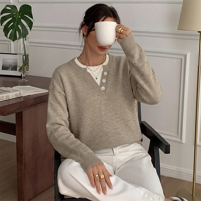 MsChuh Women's Pullovers 2026 Autumn/Winter New Style Round Neck Solid Color Button Contrast Splicing Fake Two Piece Sweaters 4
