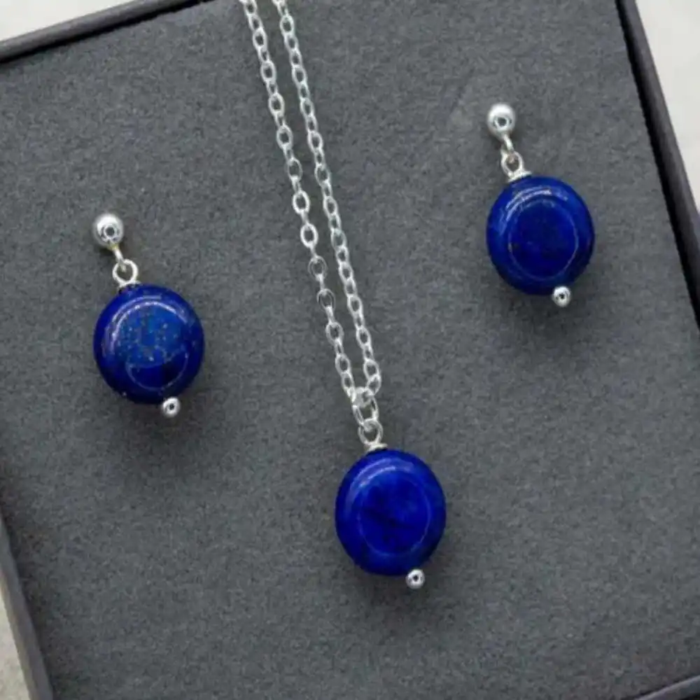

Fashion Natural Lapis Lazuli Coin Beads Earrings Pendant Set Amulet Crystal Energy Silver Reiki Heart Men Dragon