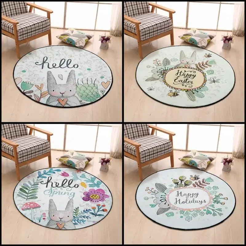 Child Cartoon Rabbit Round Carpet Hand Drawn animals Bee Bedroom Area Rug Non-Slip Floor Mats Kids Living Room Crawling Play Mat