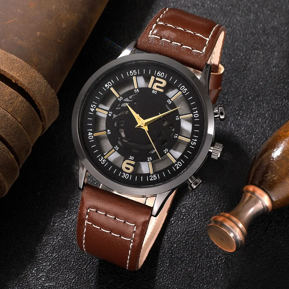 Hollow Out Men Watch Luxury Bracelet Set Fashion Business Brown Leather Quartz Wrist Watches for Men Gift Set Relogio Masculin