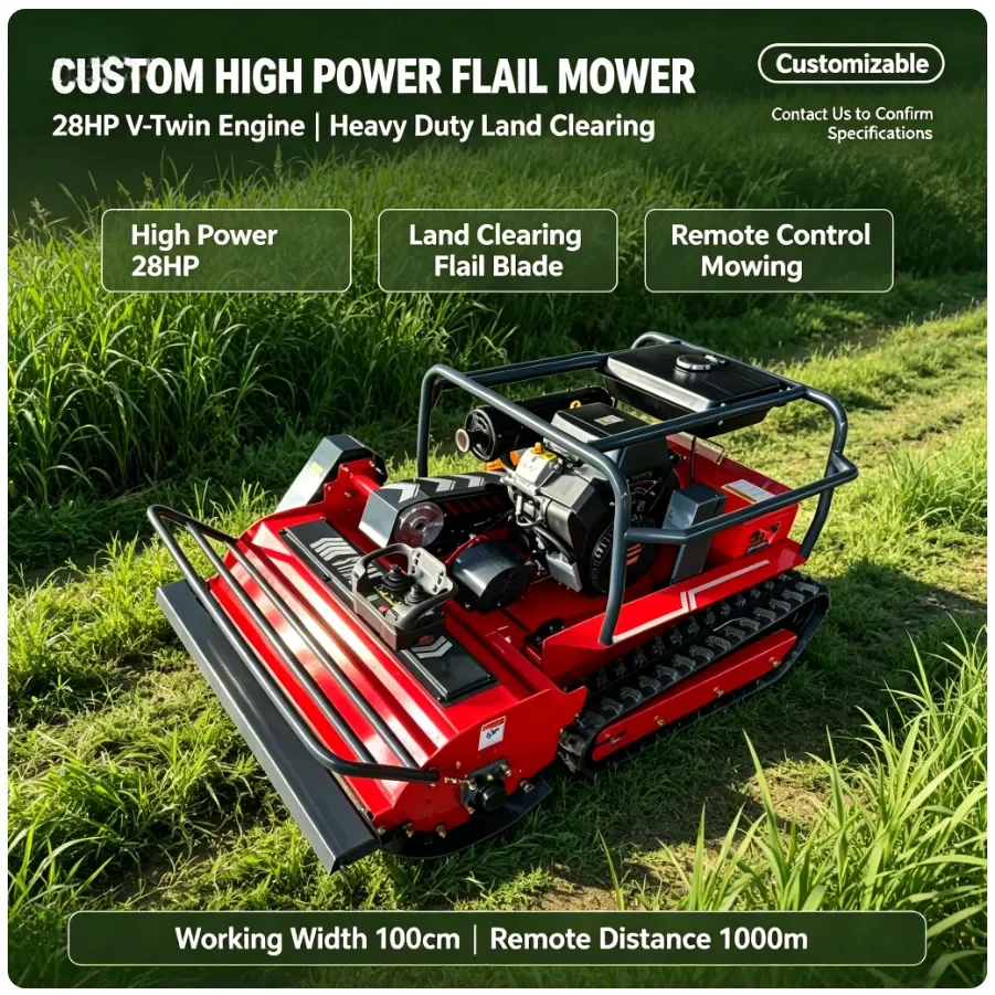 28HP High Power Double Cylinder Remote Control Land Reclamation Chopper Pure Copper Motor 1000m Long Distance Dual Mode Crawler