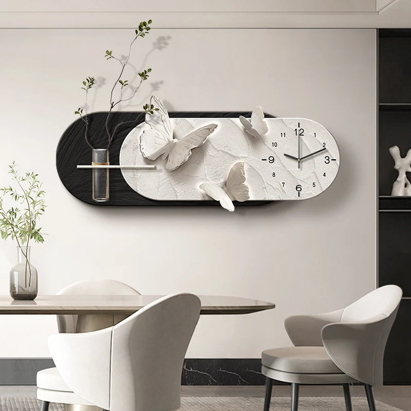 Black and white butterfly restaurant: LED modern minimalist dining table, wall decoration, clocks, high-end feel, living room mu