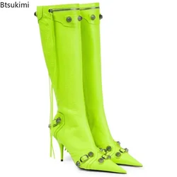 2024 Women's Sexy Knee High Leather Boots Autumn Winter Boots Female Super High Thin Heels with Rivet Retro Fashion Ladies Boots