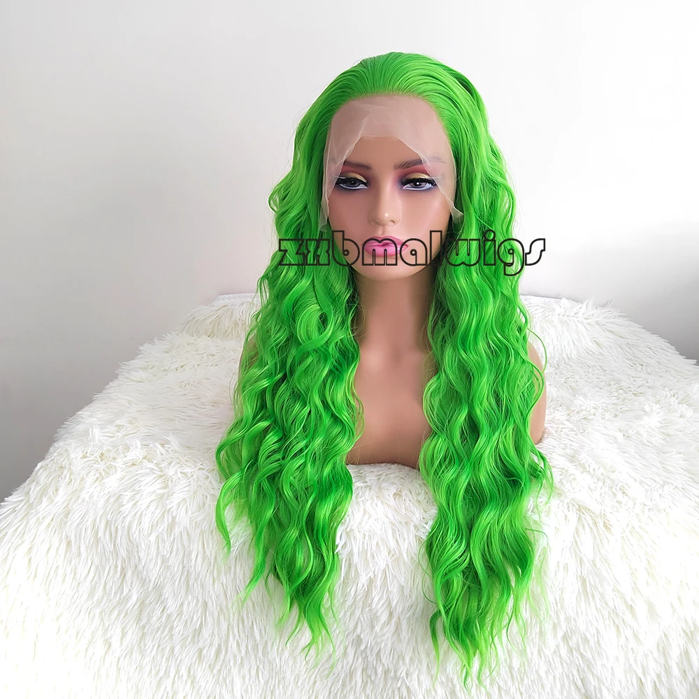 Green Colored Deep Wave Synthetic Hair Lace Frontal Wigs for Women Glueless Long  High Temperature Fiber Transparent Lace Wig