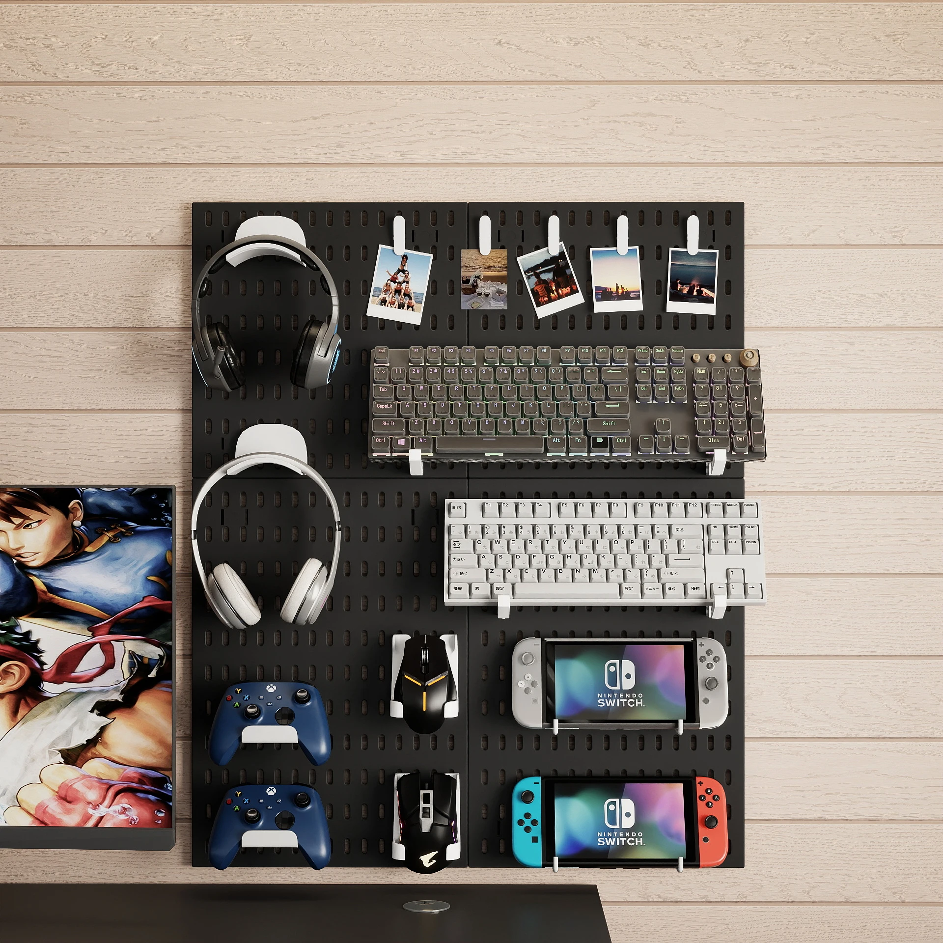Panel de pared perforado industrial negro, sistema de almacenamiento personalizable con estantes y cestas, sin necesidad de taladrar para una fácil instalación