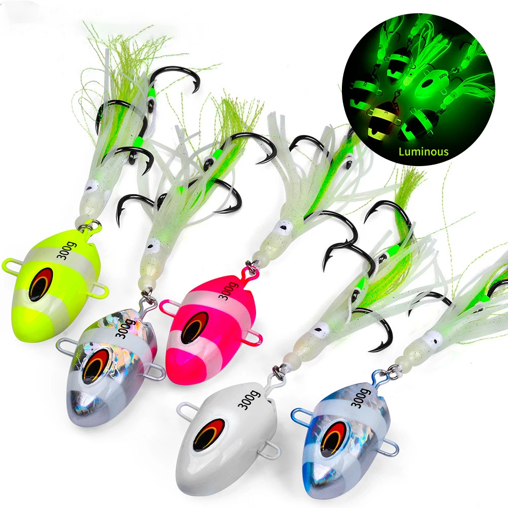 1pc Luminous Bait 100g Slow-Shaking Squid Metal Head Skirt Bait For Deep Sea Saltwater Boat Fishing Tuna Grouper Fishing Bait view 6